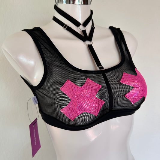 Top Mesh Tache Holograma Rosa con arnés